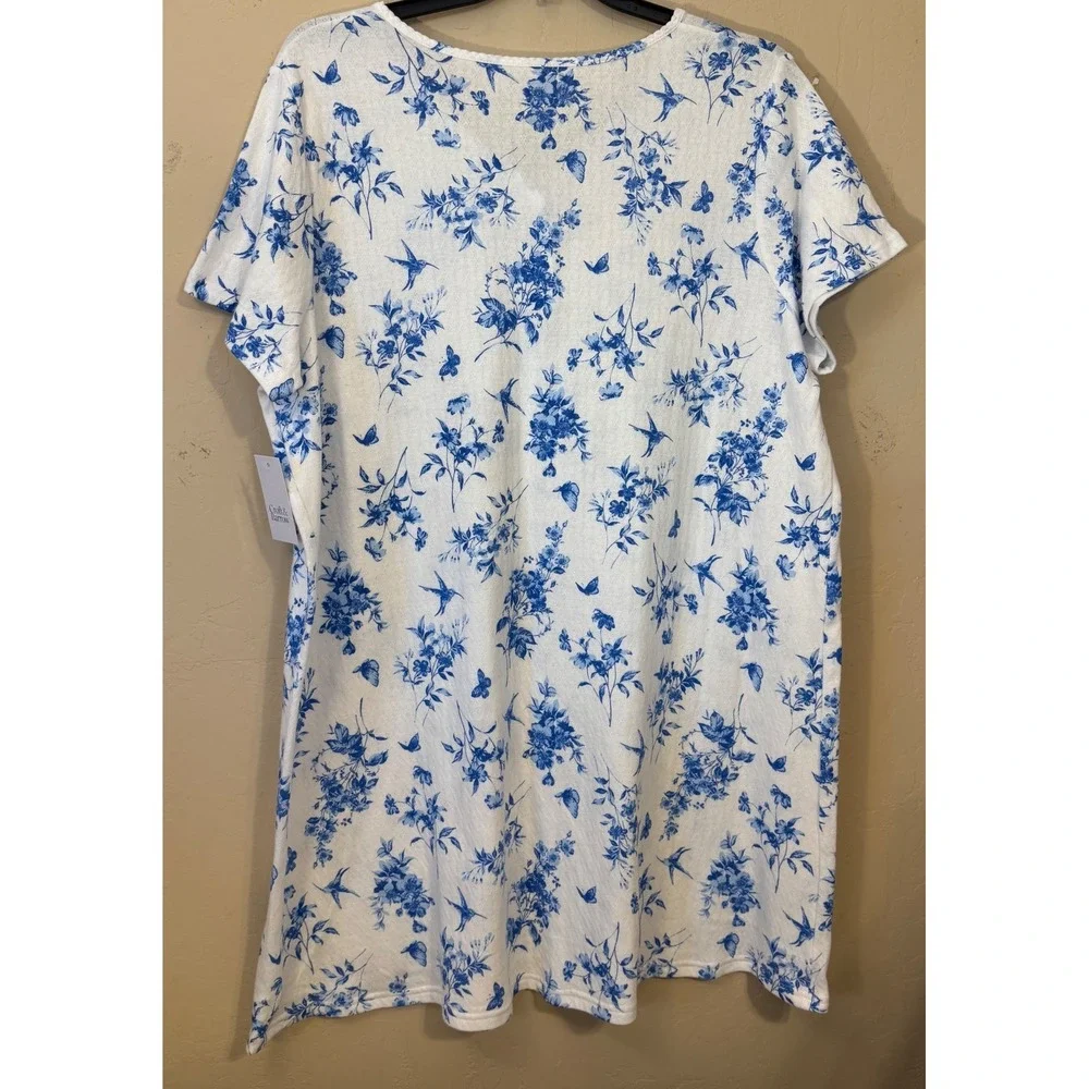 Croft & Barrow Nightgown Women 1X Blue Floral Hummingbird Henley Sleep Shirt NEW